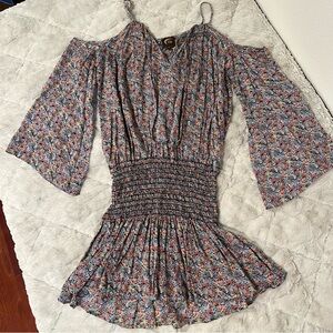 Blu Moon Cold Shoulder Smocked Hips Floral Print Mini Dress Size S